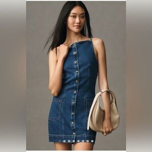 Anthropologie Maeve High Square Neck Button Front Denim Mini Dress- Sz Small